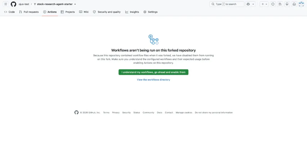GitHub Actions tab on a fork showing Workflows are not run until you enable them, with the green enable button.