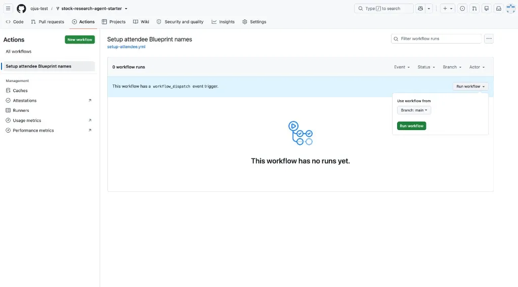 GitHub Actions page for Setup attendee Blueprint names, with the Run workflow dropdown open on the main branch.