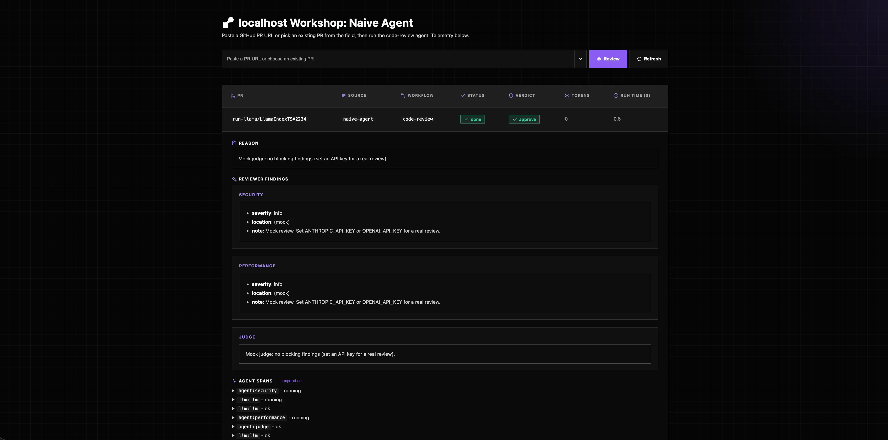 The naive agent dashboard showing a completed LlamaIndex review with status, token count, runtime, findings, and agent spans.