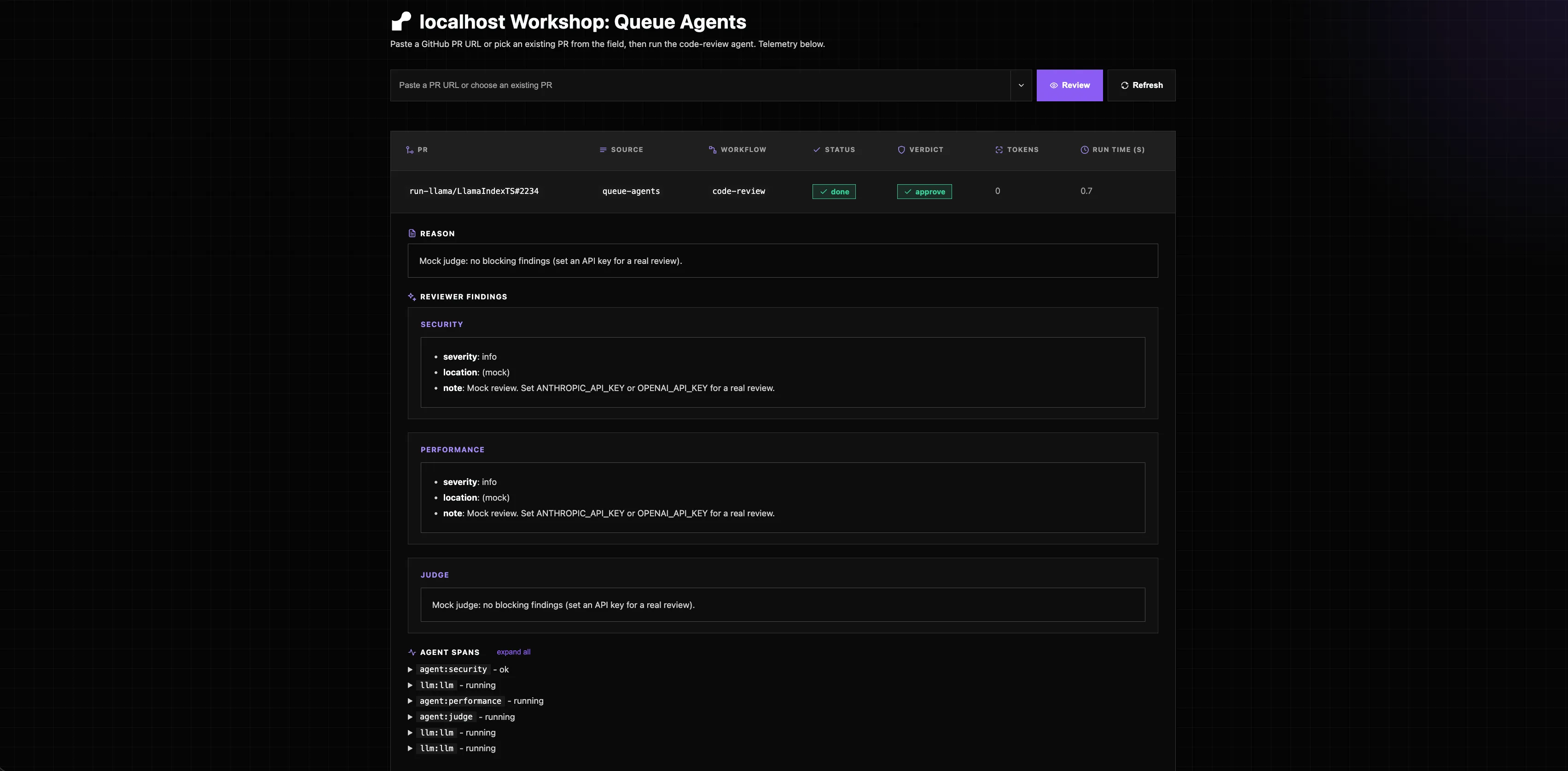 The queue agents dashboard showing the completed LlamaIndex review with findings and agent spans.