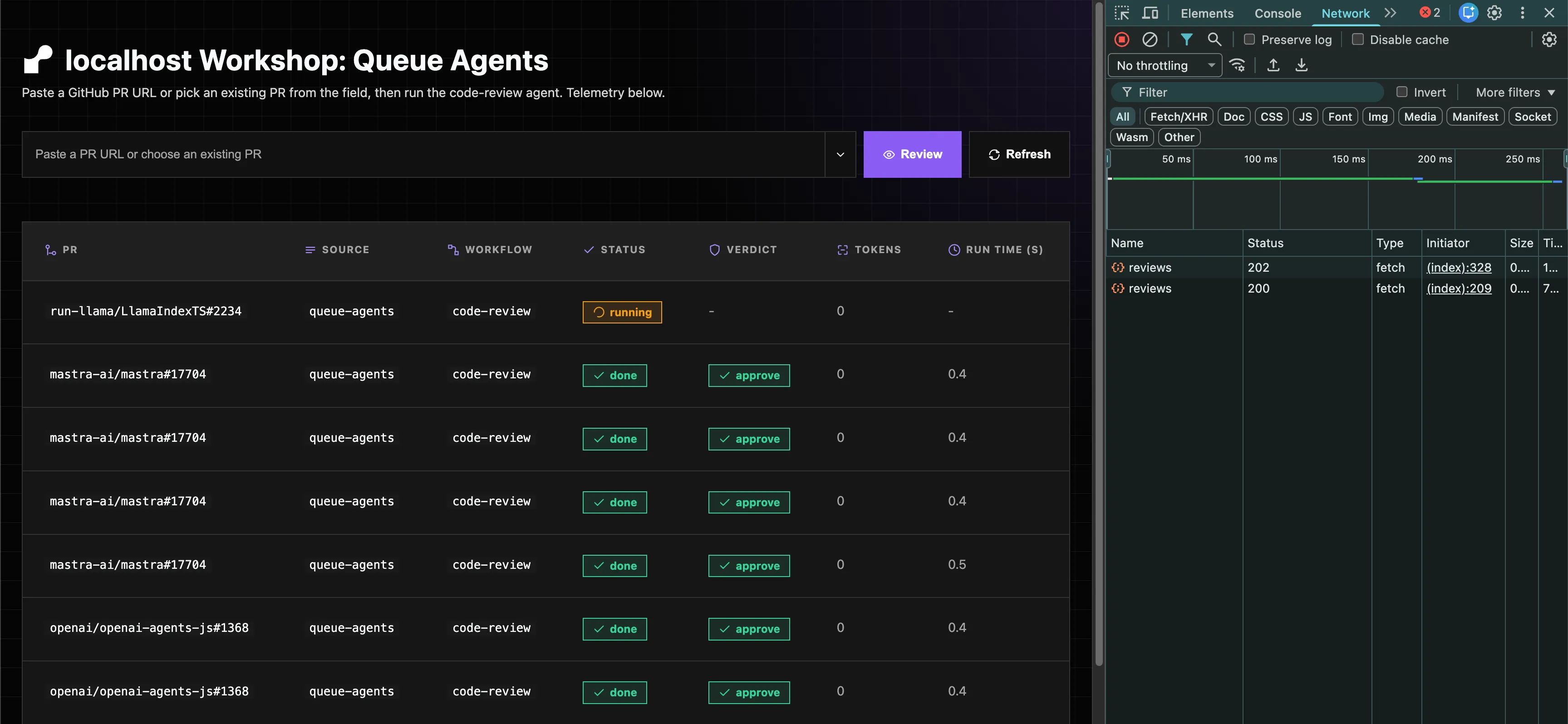The queue agents dashboard showing a review row in queued or running state after the web service returns a 202.