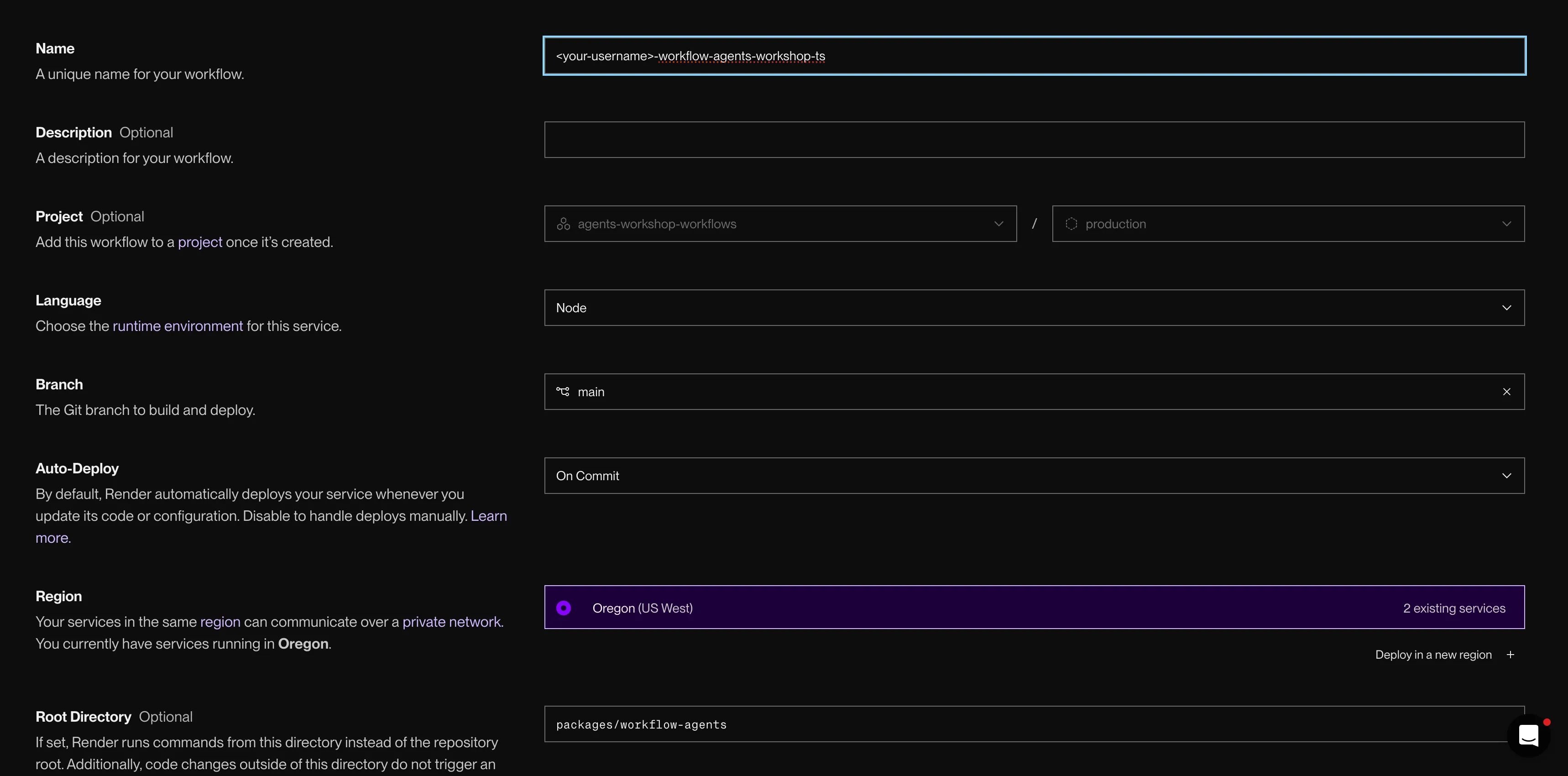 The Render Dashboard Blueprint setup page showing the workflow agents Blueprint path and Deploy Blueprint button.