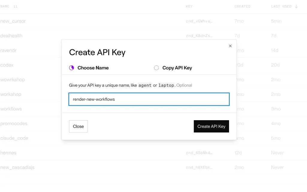 Create API Key modal with a name filled in and Create API Key button.