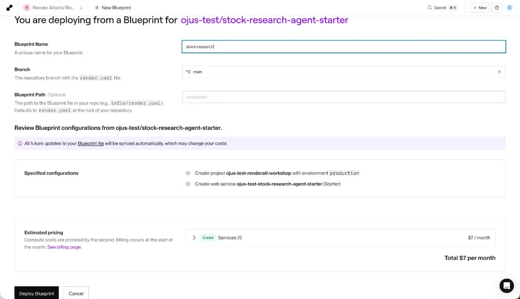 New Blueprint page with Blueprint Name, branch main, and Deploy Blueprint button.