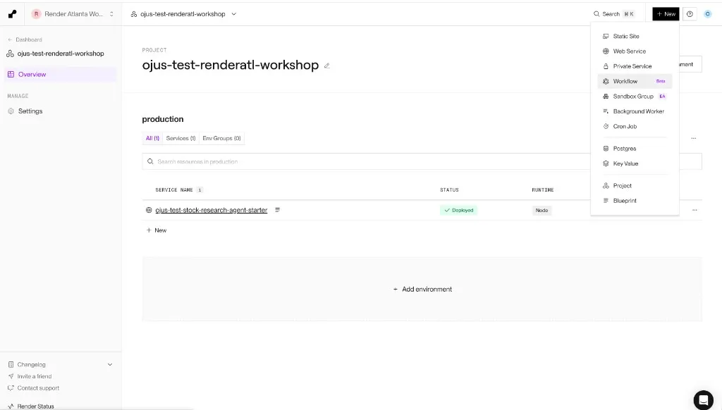Render Dashboard project overview with the + New menu open and Workflow highlighted.