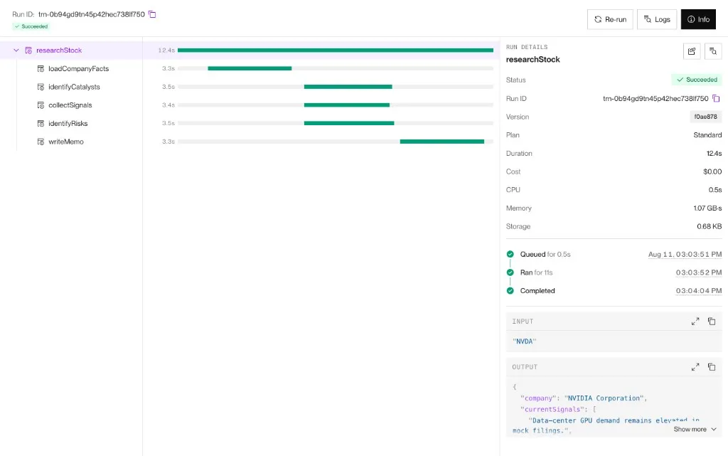 Succeeded researchStock root run showing child step tasks loadCompanyFacts, identifyCatalysts, collectSignals, identifyRisks, and writeMemo on the timeline, with memo output in Run details.