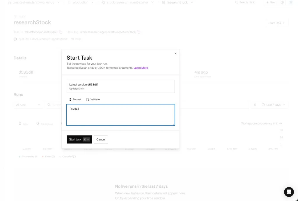 Start Task modal for researchStock with JSON payload ["nvda"] ready to run.