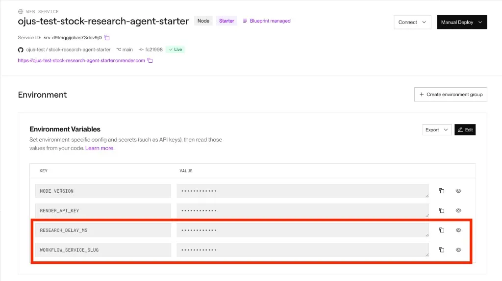Web service Environment page with RENDER_API_KEY and WORKFLOW_SERVICE_SLUG set.