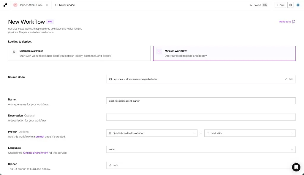 New Workflow form showing My own workflow, connected GitHub fork, Node language, and main branch.