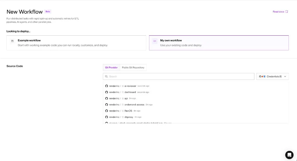 New Workflow page with My own workflow selected and a GitHub repository list.