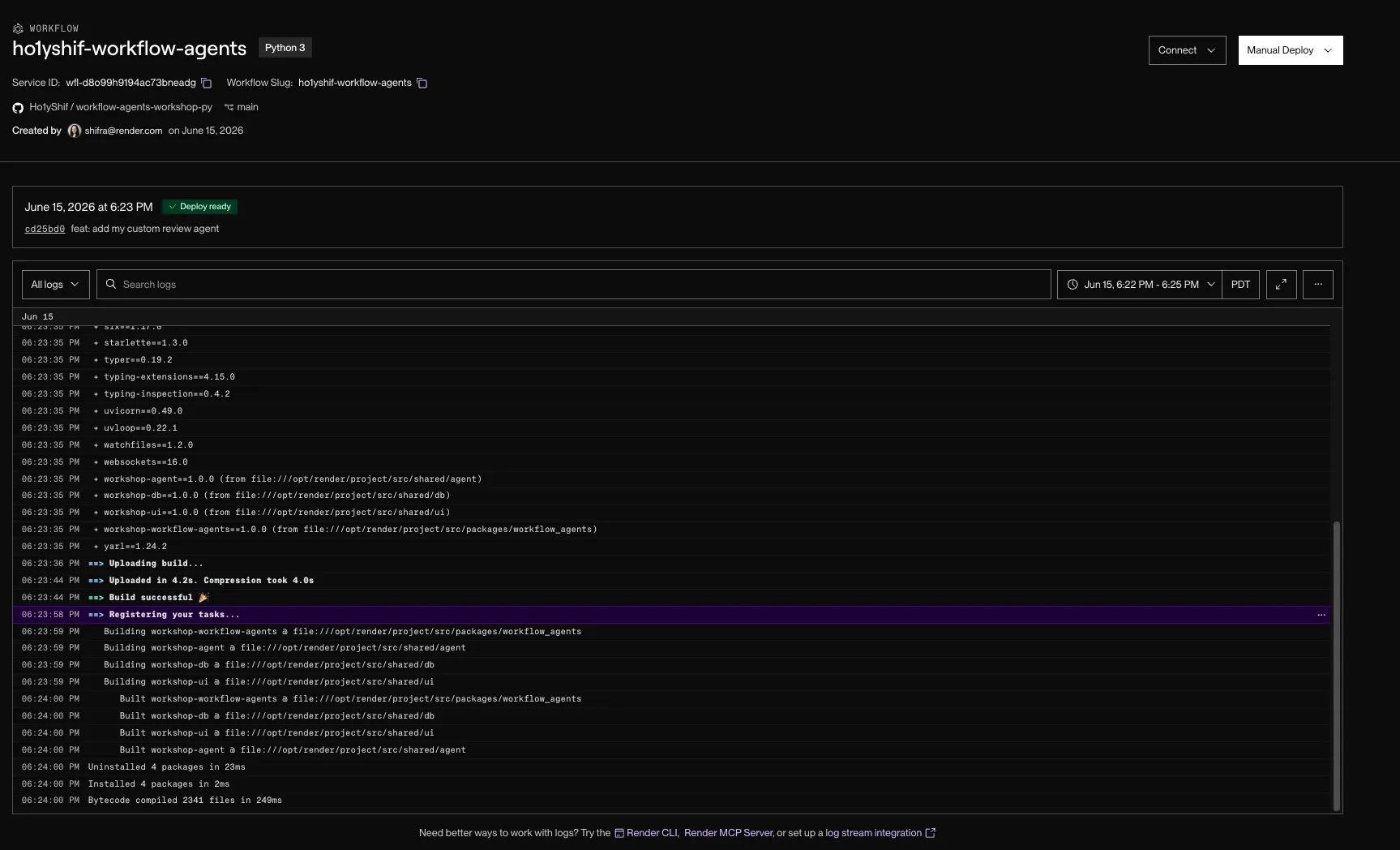 The Render Dashboard showing the Workflow service deploy triggered by a GitHub push and the your-review task being re-registered.