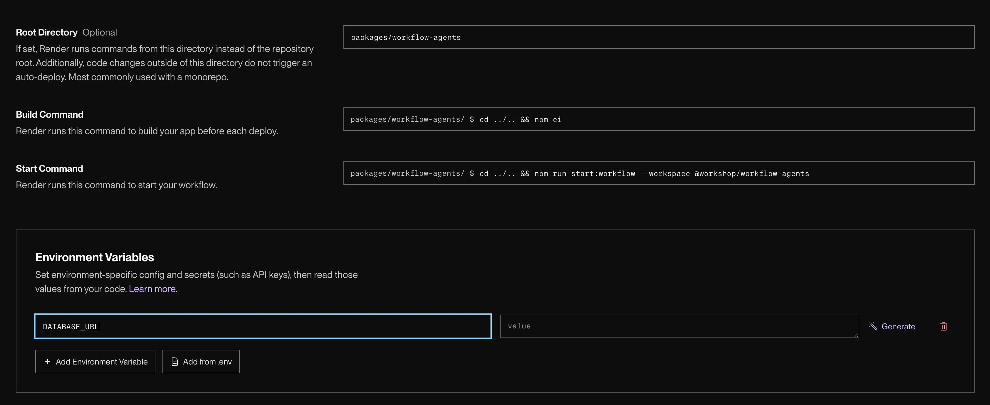 The Render Dashboard Workflow service setup form showing language, root directory, build command, start command, and database URL.
