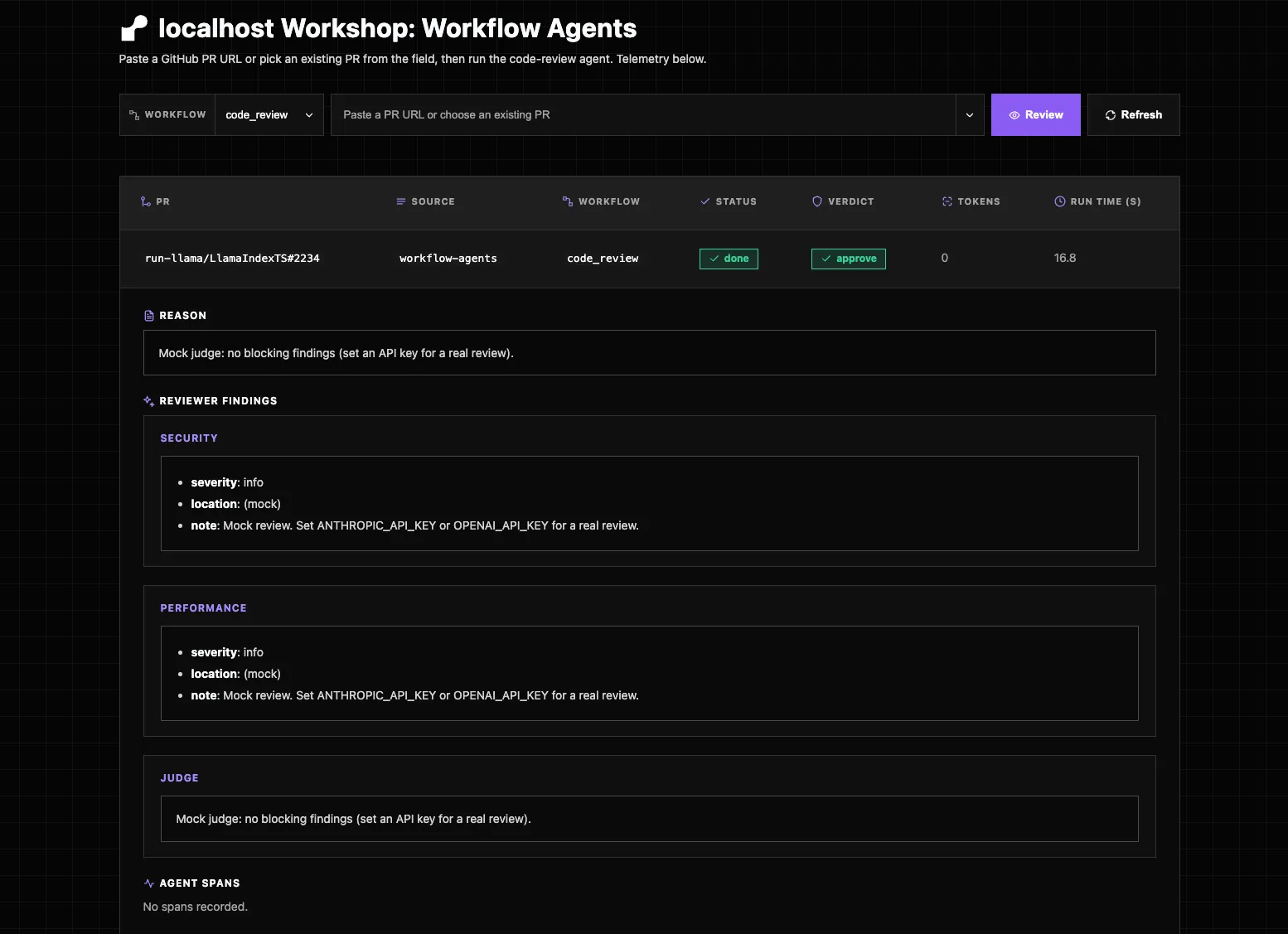 The Workflow Agents gateway dashboard showing a submitted LlamaIndex baseline PR review row with status, verdict, token count, and spans.